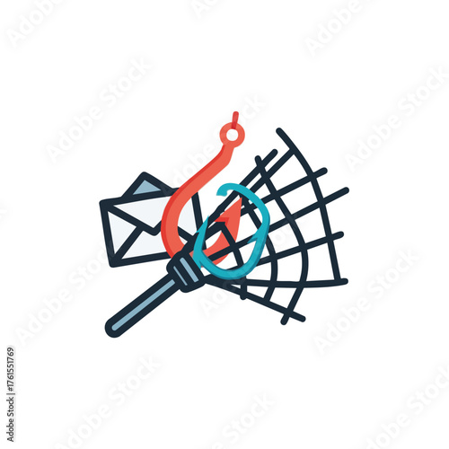 Phishing hook and net icon representing digital threats.