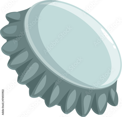 Grey metal bottle cap lying on its side, revealing its serrated edge