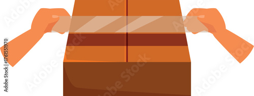 Two warehouse workers are sealing a cardboard box using adhesive tape, ensuring safe packaging for shipping or storage