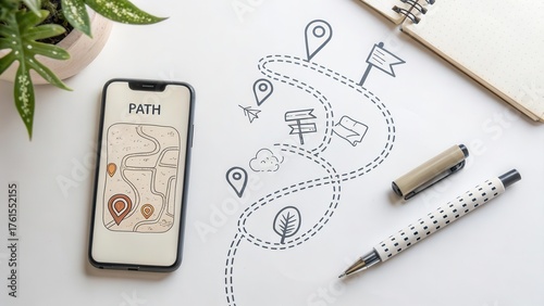Phone with map and doodle path on white surface