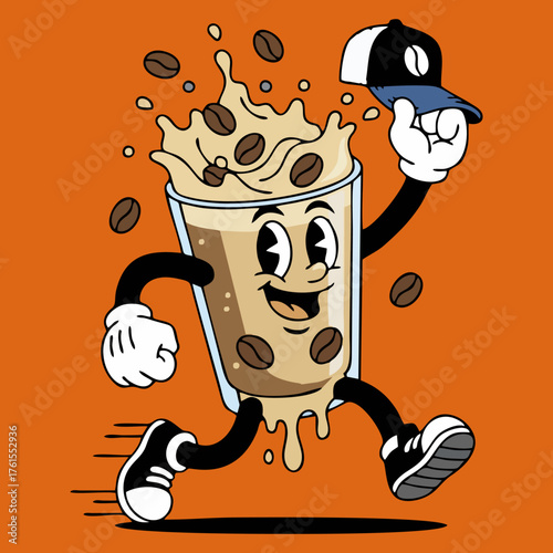 Cartoon Style Running Coffee Glass Character with Baseball Cap Design
