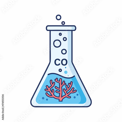 A flask containing coral in blue liquid with bubbles.