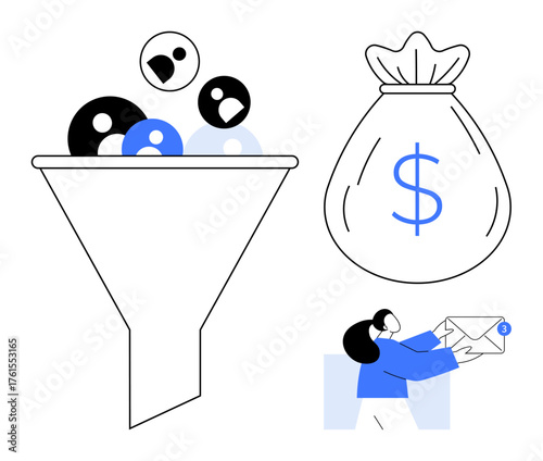 Funnel filtering leads, dollar bag symbolizing revenue, person holding email with notification. Ideal for business, marketing, sales, lead management, email marketing, conversion communication