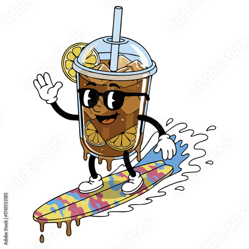Cartoon Illustration of a Fun Drink Surfing Character with Summer Vibes