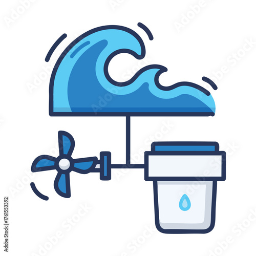 Stylized of a wave powering a propeller and a water filter.
