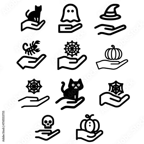 Halloween icon set above human hand featuring scorpion, black cat, witch hat, skull, and pumpkin