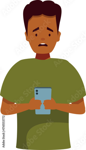 Dark skinned man holding mobile phone and feeling stressed after reading message