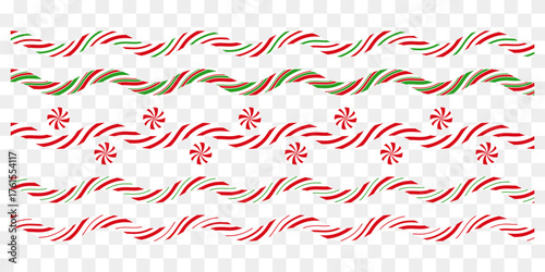 Wavy candy cane striped peppermint borders in festive colors. Lollipop decor. Winter decoration.