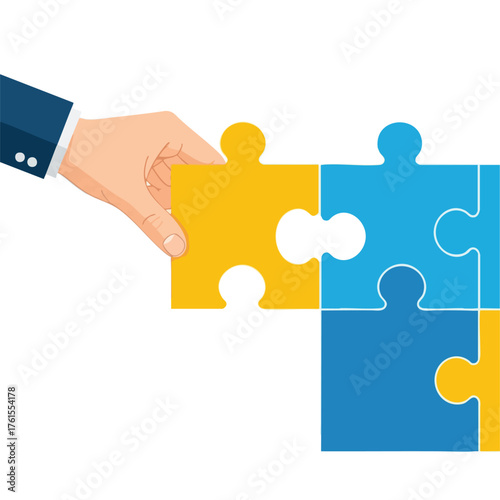 Hand in a suit placing the last puzzle piece.