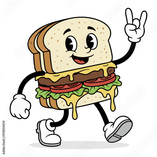 Vintage Cartoon Style Cheerful Sandwich Character Mascot with Arms and Legs