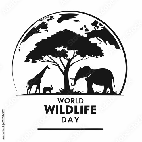 World wildlife day silhouette of african animals and tree within earth globe