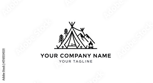 Camping adventure logo design featuring tent mountains and trees perfect for outdoor brands.