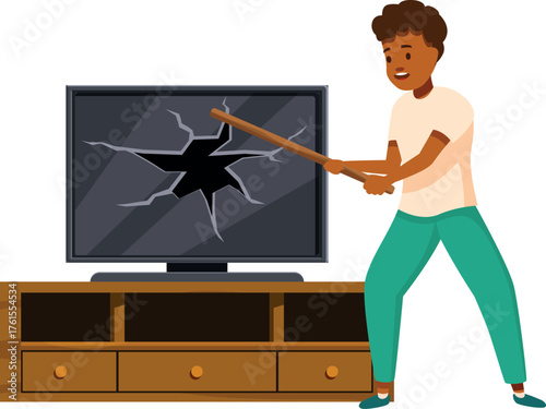 Boy destroying television with a wooden stick, expressing anger and frustration, concept of domestic violence