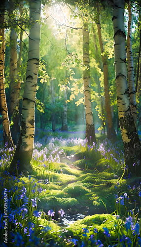 Serene Dawn: Sunlight Peeking Through Birch Trees Illuminating Blue Woodland Blossoms in an Ethereal Morning Scene
