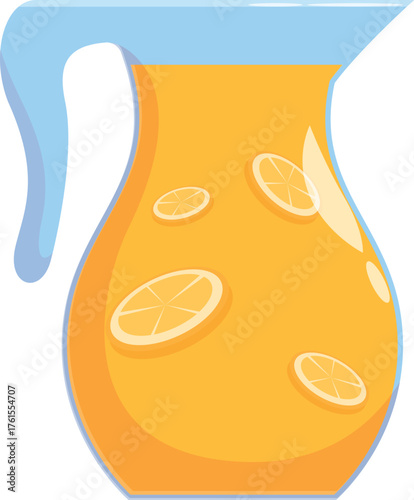 Glass pitcher full of orange juice with orange slices floating inside, representing a refreshing summer beverage