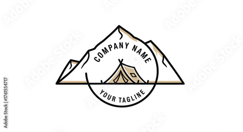 Mountain Camping Adventure Logo Design with Tent and Peaks.