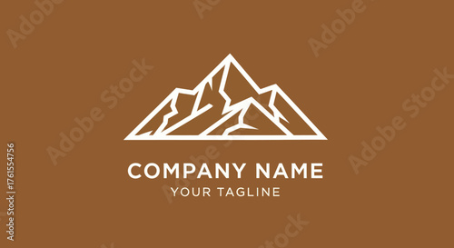 Mountain logo design with company name and tagline on brown background.