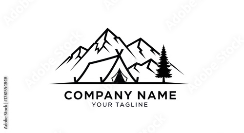 Mountain landscape with a tent and pine tree, perfect for outdoor adventure branding.