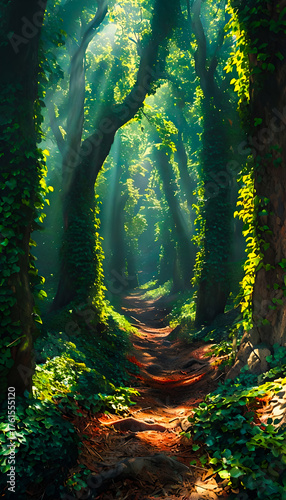 Enchanting Forest Tunnel: Sunlight Filtering Through Emerald Vines Creates a Radiant and Magical Natural Pathway of Beauty and Wonder