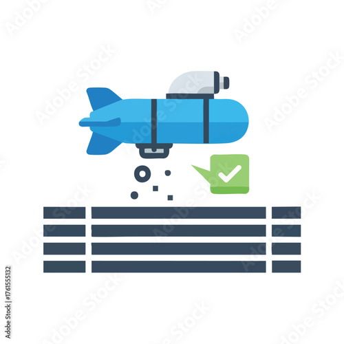 Blue blimp delivering a package with a checkmark.