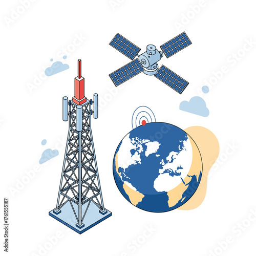Global telecommunications network encompassing satellite and terrestrial communication towers for worldwide connectivity.