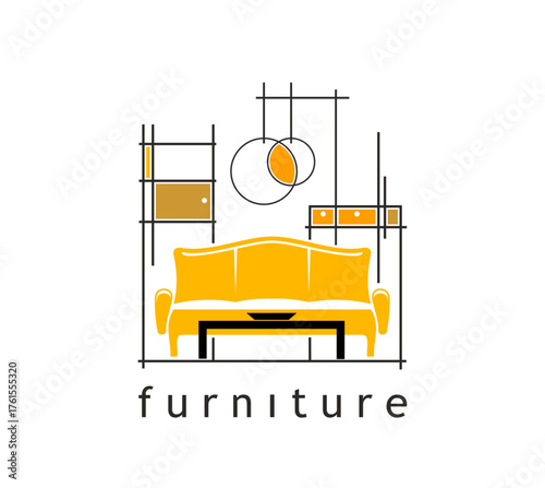 Home interior icon for furniture design studio, apartments decor and staging, vector line sign. Furniture store and home interior showroom emblem in thin line bed or sofa with wardrobe and lamps