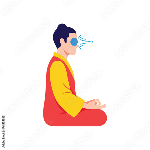 Person in traditional robes meditating with a hexagonal shape over their forehead.