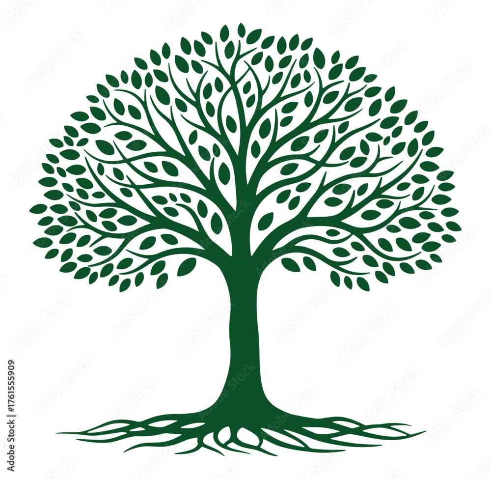 Fototapeta premium Simple green tree silhouette with leaves and roots isolated on a white background