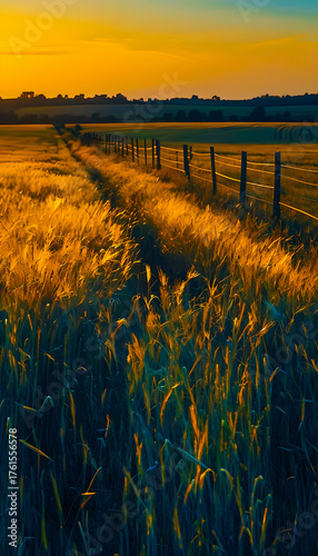Tranquil Scene at Golden Hour: Beautiful Crops Swaying Beside a Fence Under Sunset Skies in Rural Landscape Photography