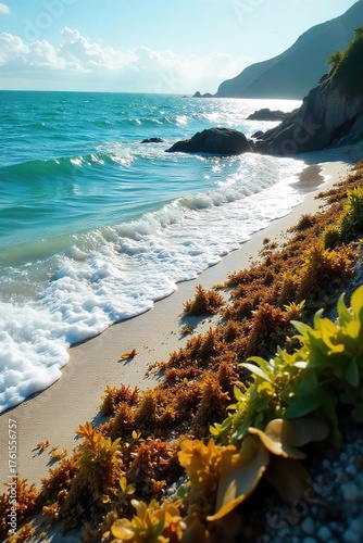 Serene Coastal Scene Gentle Ocean Waves Caress a Seaweed-Laden Shore, Illuminated by Sunlight