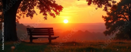 Serene Sunset Silhouette Wooden Park Bench overlooking Tranquil Landscape, Golden Hour Light, Peaceful Relaxation