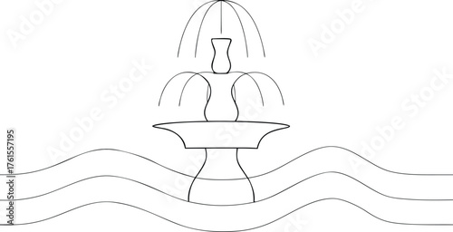 Black and white line drawing of a tiered fountain with water
