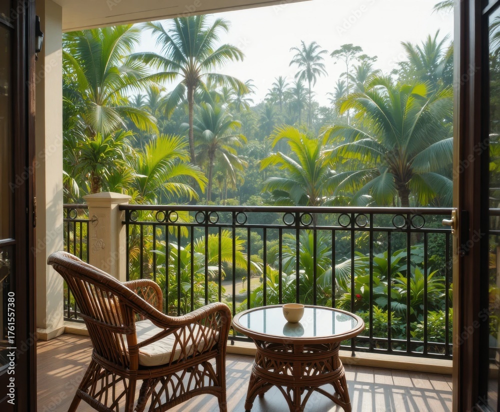 Fototapeta premium Balcony Overlooking Tropical Garden with Rattan Furniture