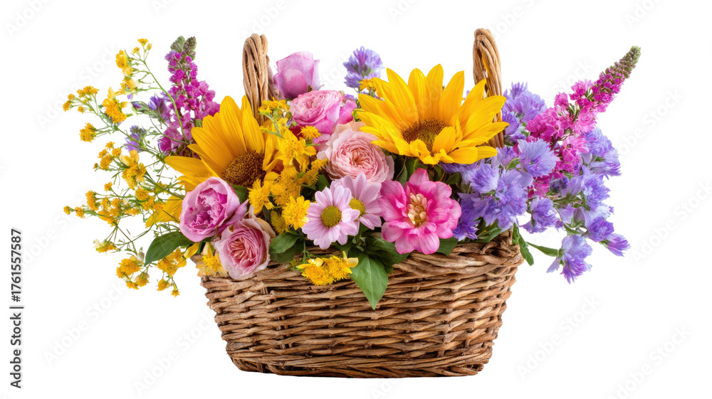Fototapeta premium Beautiful basket with colorful summer flowers arranged in bright floral composition full of freshness and fragrance isolated on white background