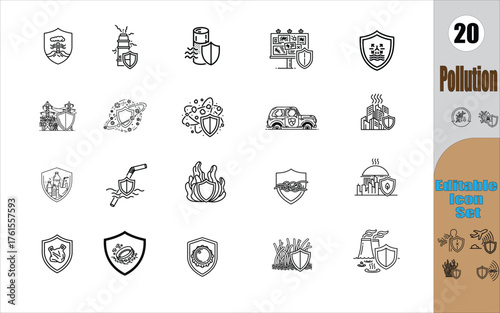 Collection of hand drawn doodle icons representing environmental pollution and protection concepts