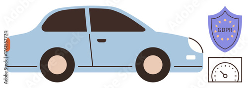 Blue car next to a shield labeled GDPR and a speedometer graphic. Ideal for data privacy, transportation safety, regulation compliance, digital security, automation, governance. Simple flat metaphor
