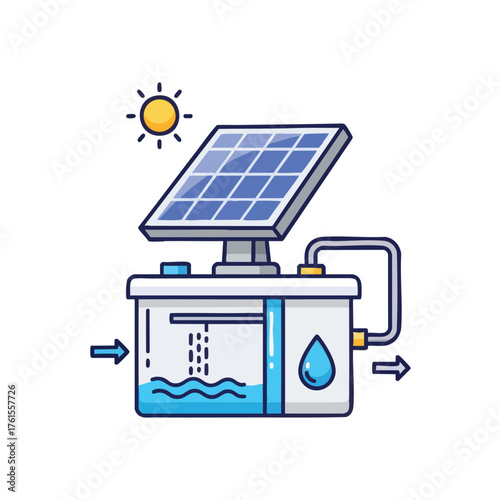 Solar-powered water filtration system with sun icon.