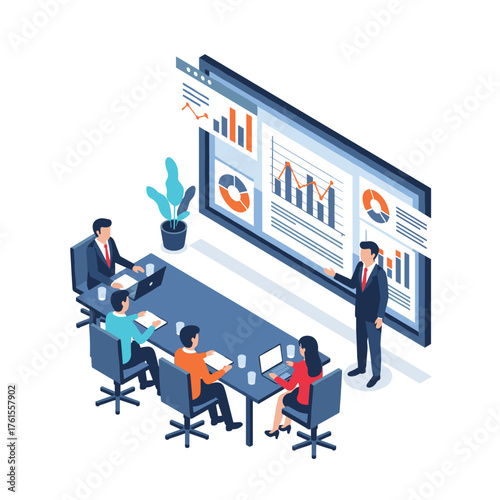 A business presentation is being given to a group of colleagues in a modern office setting.