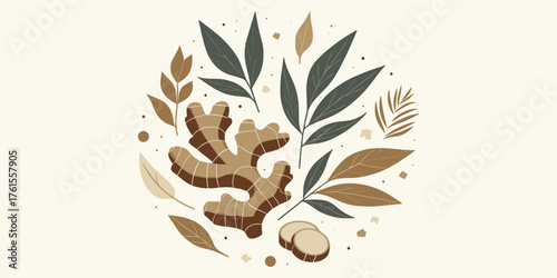 Ginger Root & Botanical Illustration in Circular Design on Cream Background