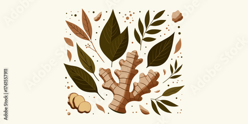 Ginger root and leaves A natural illustration of healthy eating and botanical elements