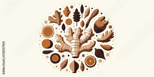 A Round Composition of Ginger Root and Spices, Showcasing Earthy Tones and Natural Elements