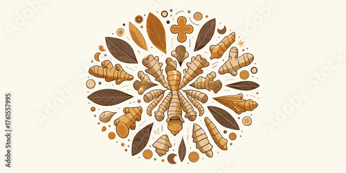 Circular pattern of turmeric roots and leaves, symbolizing health and spice