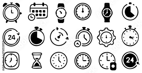 Time and clock icons. Set of black clock, stopwatch, timer, watch icon. Black clock icon collection