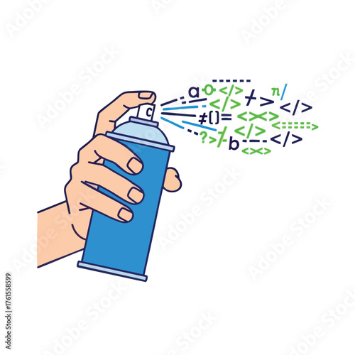A hand sprays code symbols from a spray can in this stylized .
