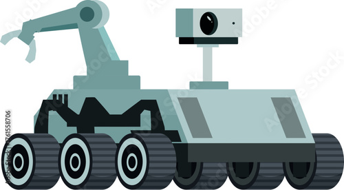 Autonomous space rover exploring a new planet, equipped with a robotic arm and camera for scientific data collection