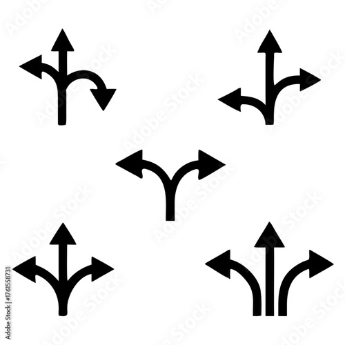direction arrow sign set. uncertainty choice. unknown direction. two and three way arrow symbol. double and triple arrows. isolated on white background. vector illustration