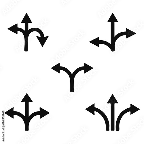 direction arrow sign set. uncertainty choice. unknown direction. two and three way arrow symbol. double and triple arrows. isolated on white background. vector illustration