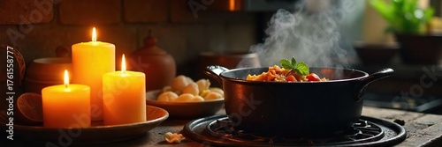Cozy Rustic Kitchen Beeswax Candles & Simmering Stew Create a Warm and Inviting Atmosphere