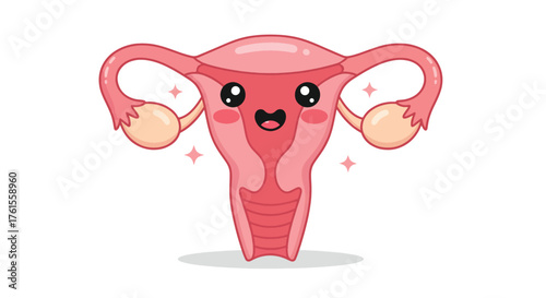Adorable Cartoon Uterus with Fallopian Tubes and Ovaries Smiling.