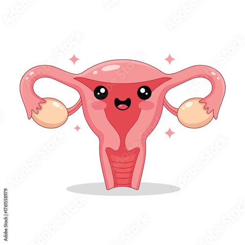 Adorable Cartoon Uterus with Fallopian Tubes and Ovaries.